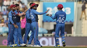 Afghanistan celebrates the wicket of Netherland's Logan Van Beek in Lucknow.