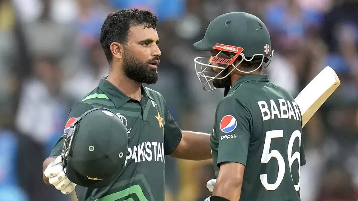 File : Pakistans Fakhar Zaman (L) celebrates his century with captain Babar Azam in Bengaluru.