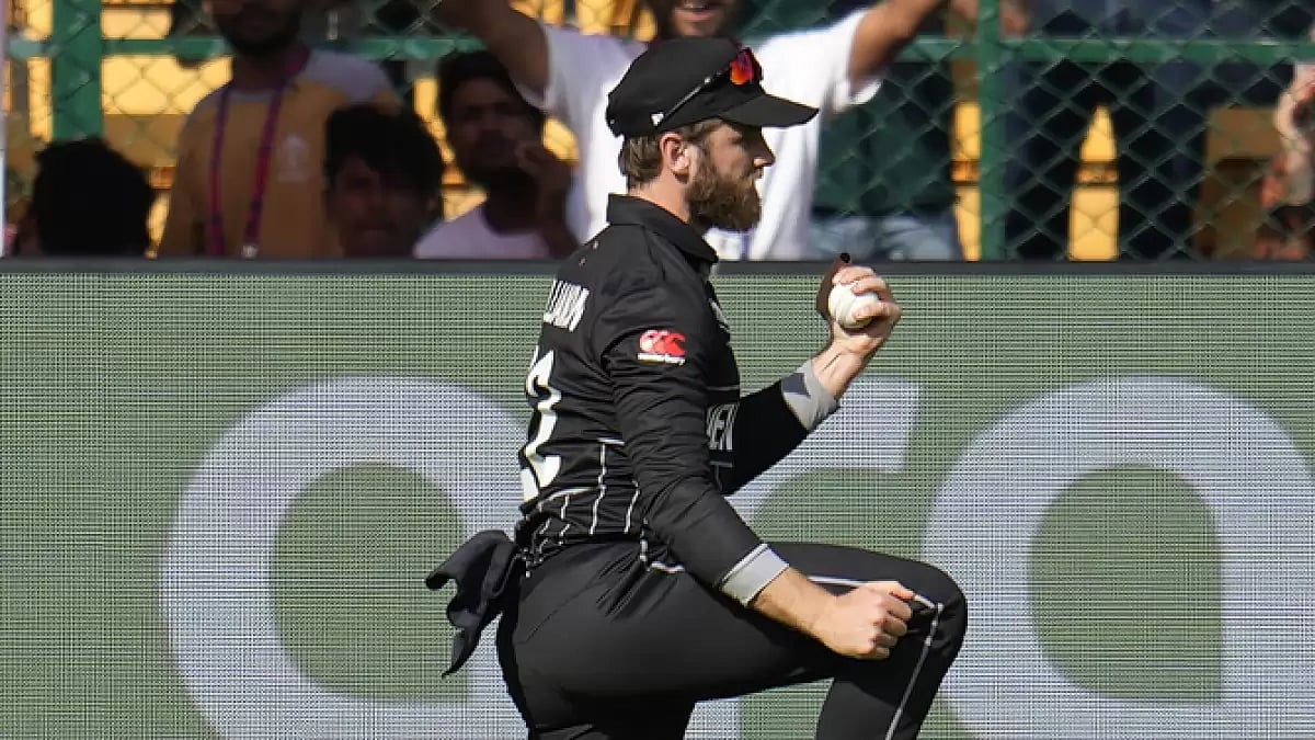 Kane Williamson celebrates his catch to dismiss Pakistan's Abdullah Shafique in Bengaluru.