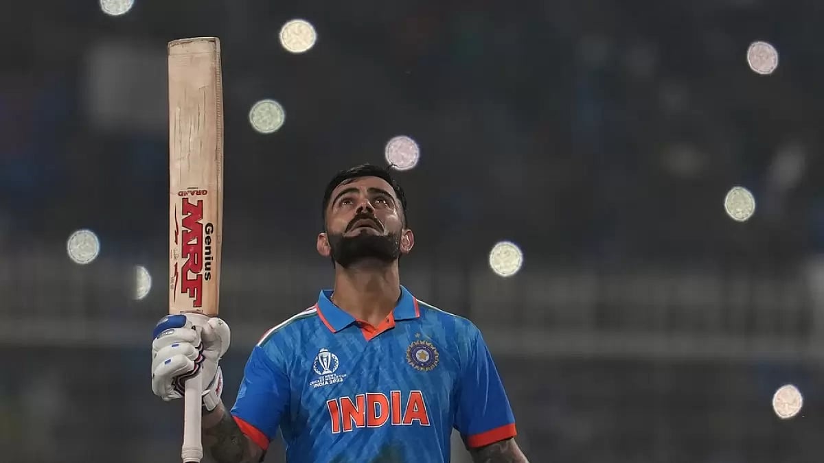 Virat Kohli celebrates his century against South Africa at Eden Gardens during the 2023 ODI World Cup.