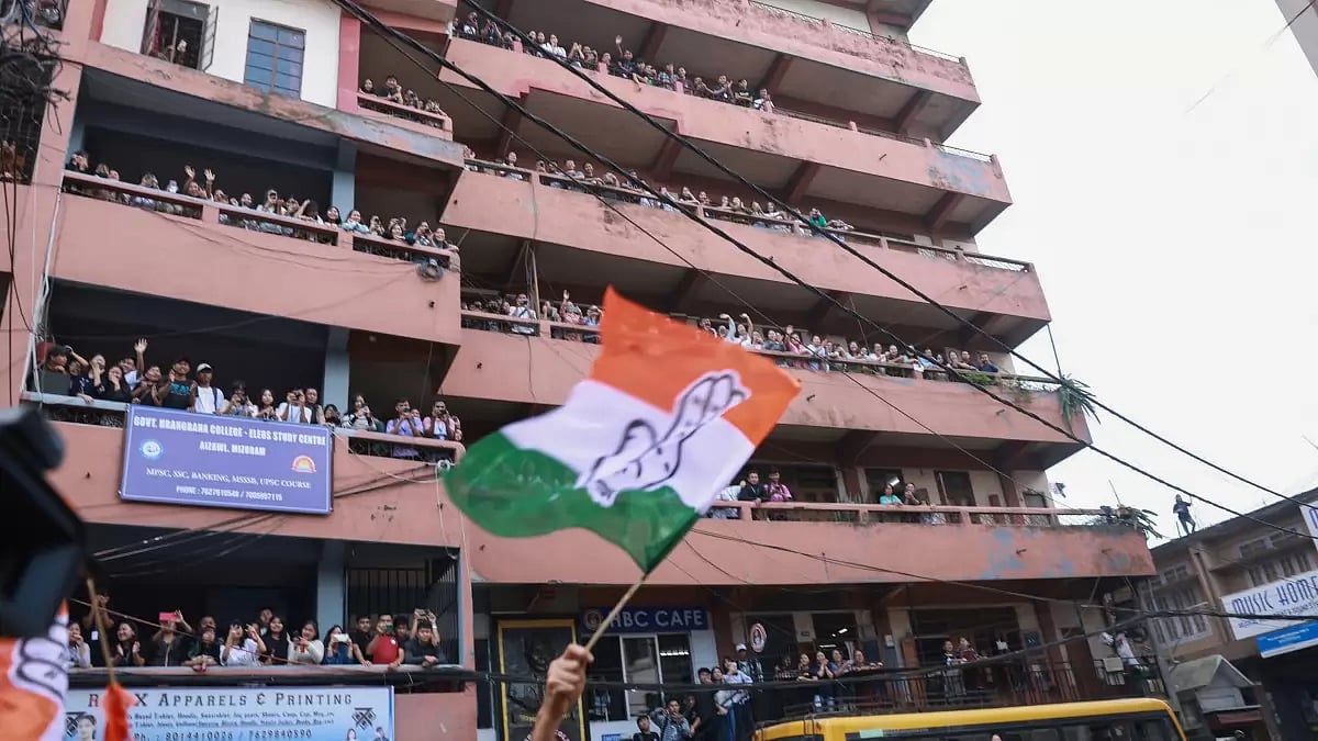 Congress supporters during party leader Rahul Gandhi's 'Padyatra' in Aizawl, Mizoram