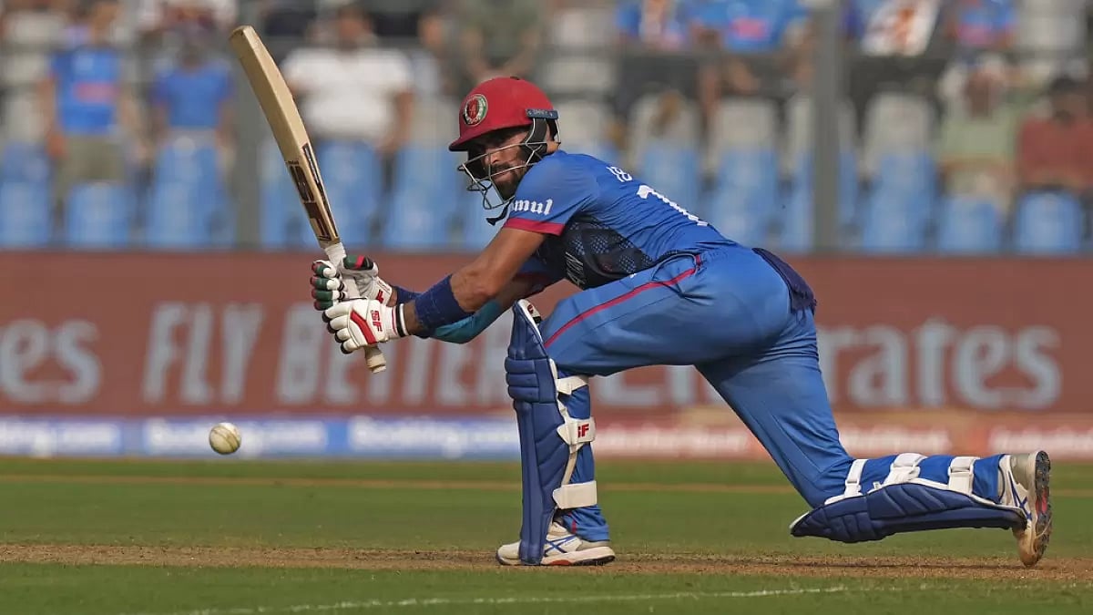 Ibrahim Zadran bats against Australia in Mumbai.