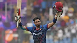 Afghanistan batter Ibrahim Zadran celebrates his ton against Australia in the 2023 ODI World Cup.
