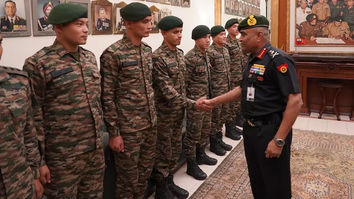 Indian Army chief Manoj Pande interacting with Gurkha personnel.