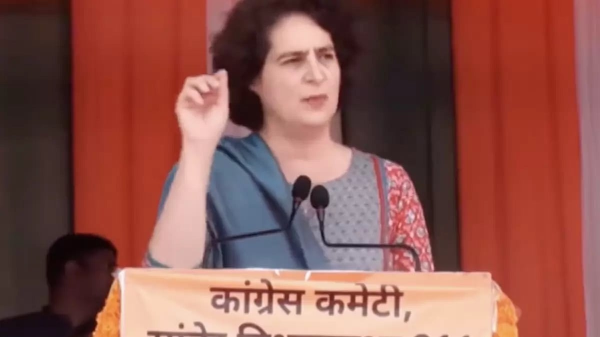 Congress leader Priyanka Gandhi Vadra spoke at an election rally in Sanwer, Madhya Pradesh