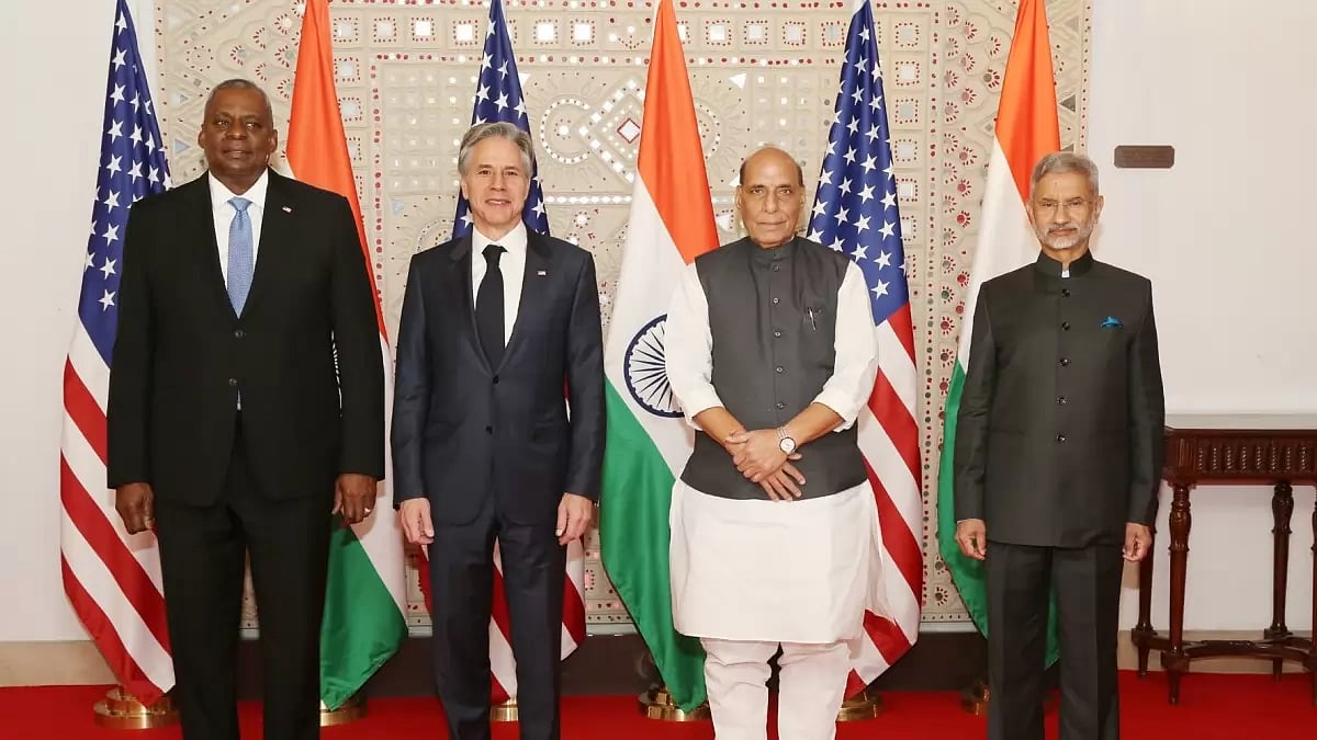 Defence Minister Rajnath Singh and External Affairs Minister S Jaishankar with US Secretary of State