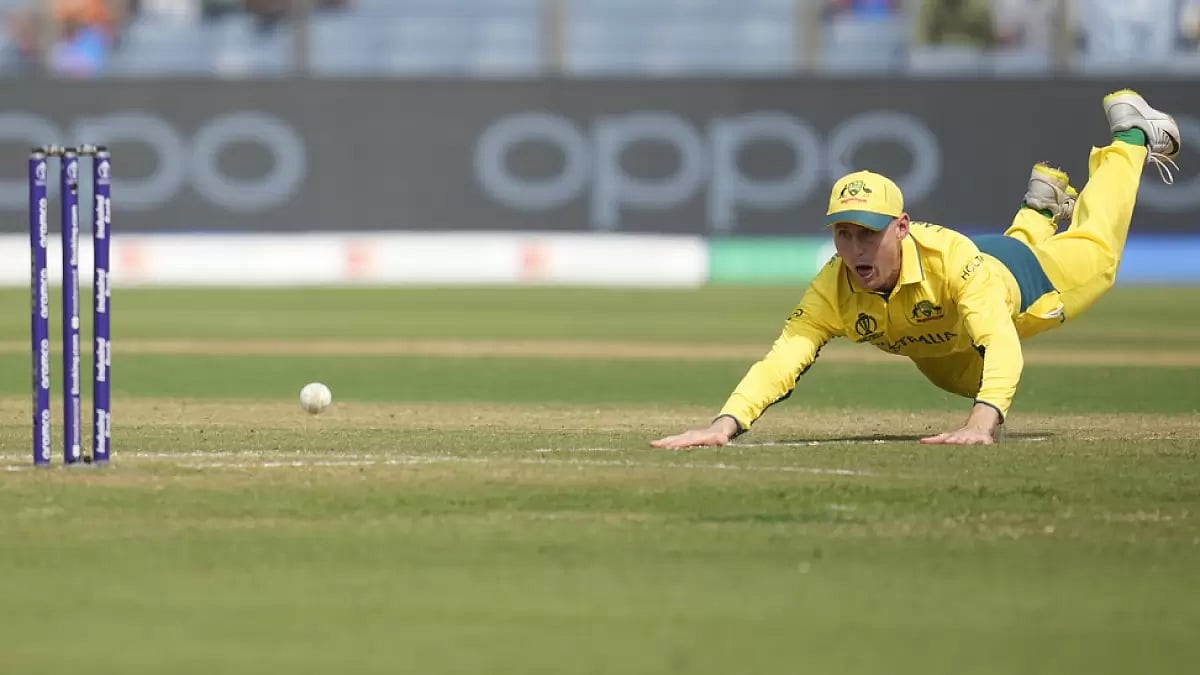 Marnus Labuschagne attempting a run out during their CWC tie