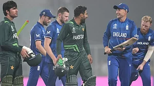 England and Pakistan players leave the ground after their 2023 ODI World Cup game in Kolkata.