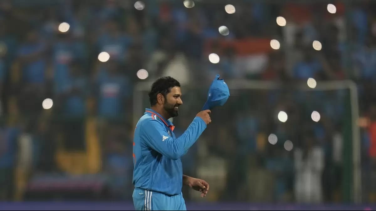 Rohit Sharma celebrates after winning the match against Netherlands in Bengaluru