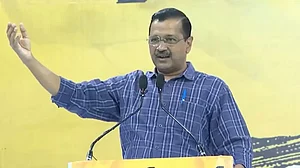 Delhi CM Arvind Kejriwal addressing AAP Karyakarta Sammelan in Delhi.