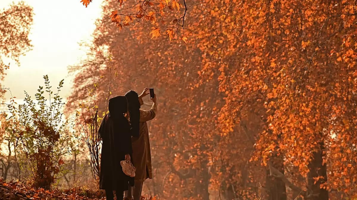 Visitors take photos at the Mughal Garden covered with fallen leaves of Chinar trees in Srinagar