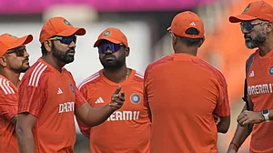 Indian cricket team with coach and supporting staff during a practice session ahead of the ICC World