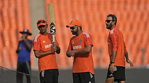(From L to R) Rahul Dravid, Rohit Sharma and Vikram Rathour ahead of the India vs Australia final.
