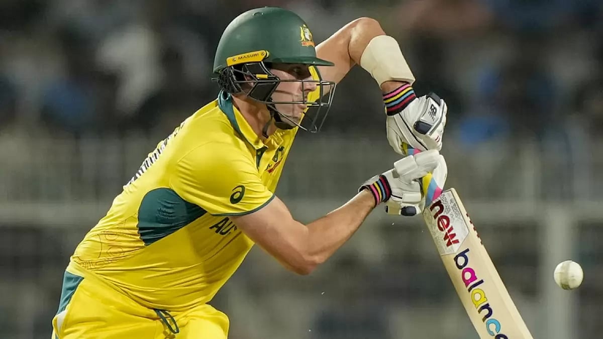 Australia's captain Pat Cummins plays a shot against South Africa during the ICC World Cup second se
