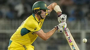 Australia's captain Pat Cummins plays a shot against South Africa during the ICC World Cup second se