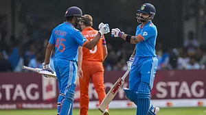 Virat Kohli and Rohit Sharma playing together against Netherlands in the ongoing Cricket World Cup