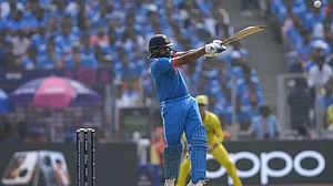 Rohit Sharma hits a big one during the India vs Australia final in the 2023 ODI World Cup.