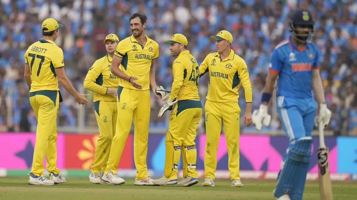 Australia celebrate KL Rahul's wicket in the final of the 2023 ODI World Cup in Ahmedabad.