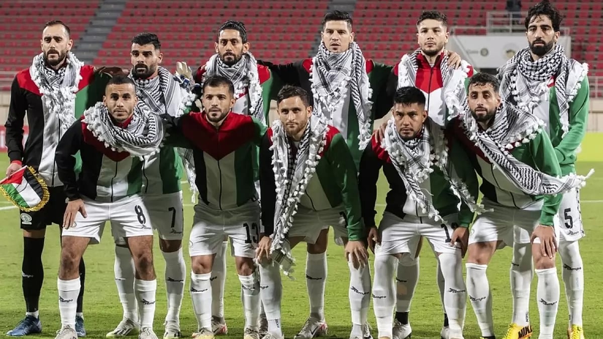 Palestinian players pose for a photo ahead of the clash against Lebanon during Asian Qualifiers of FIFA World Cup 2026.