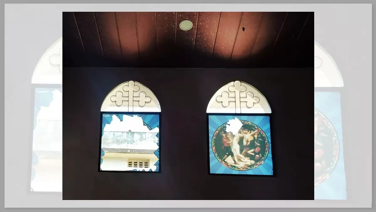 Damaged windows inside a church in Narayanpur which was vandalised amid anti-tribal Christian violen