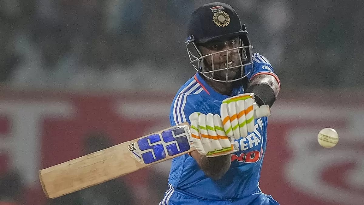 India captain Suryakumar Yadav plays a shot during the first T20 cricket match between India and Australia in Visakhapatnam.