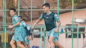 Kerala Blasters FC players during a practice session ahead of their clash against Hyderabad FC on Saturday
