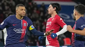 PSGs Kylian Mbappe celebrates his goal against Monaco during the Ligue 1 football match