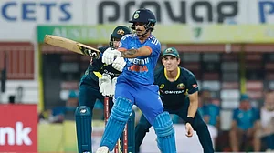 Ishan Kishan playing a shot during his 52 runs knock against Australia in 2nd T20I against Australia