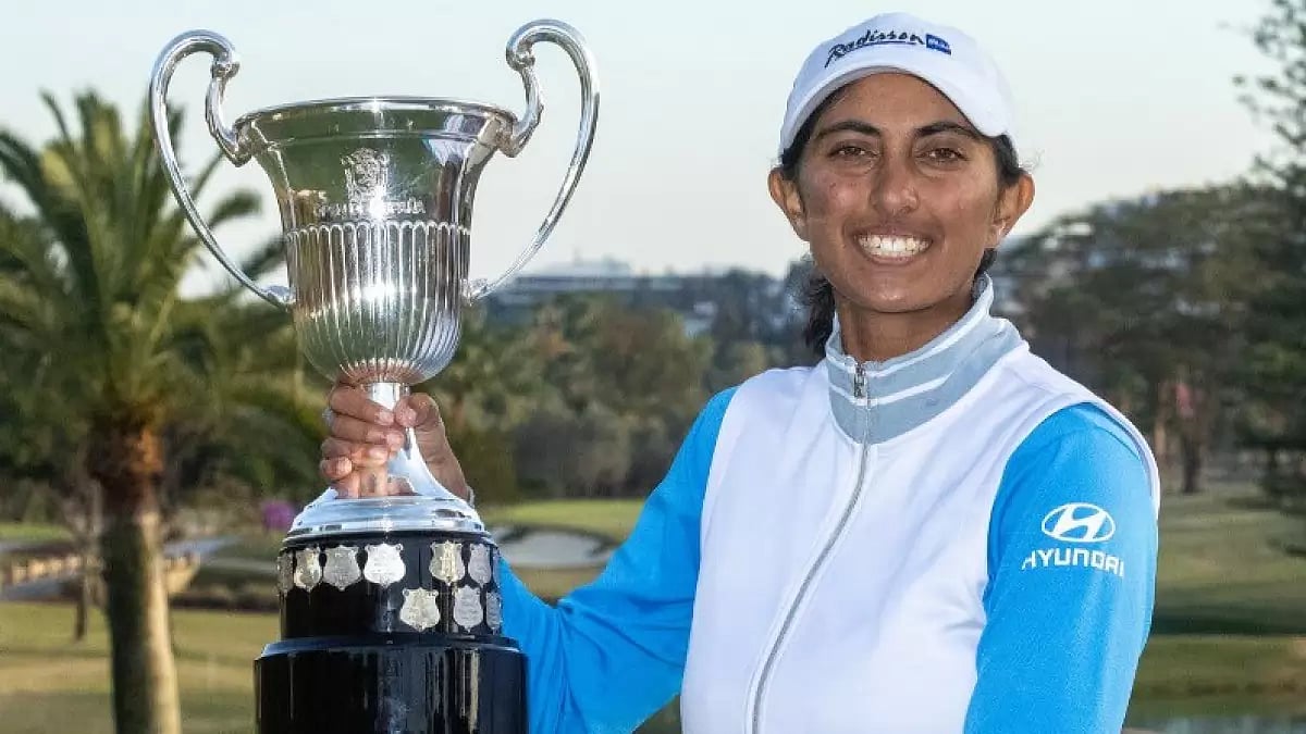 Aditi Ashok celebrates with the Spanish Open trophy.