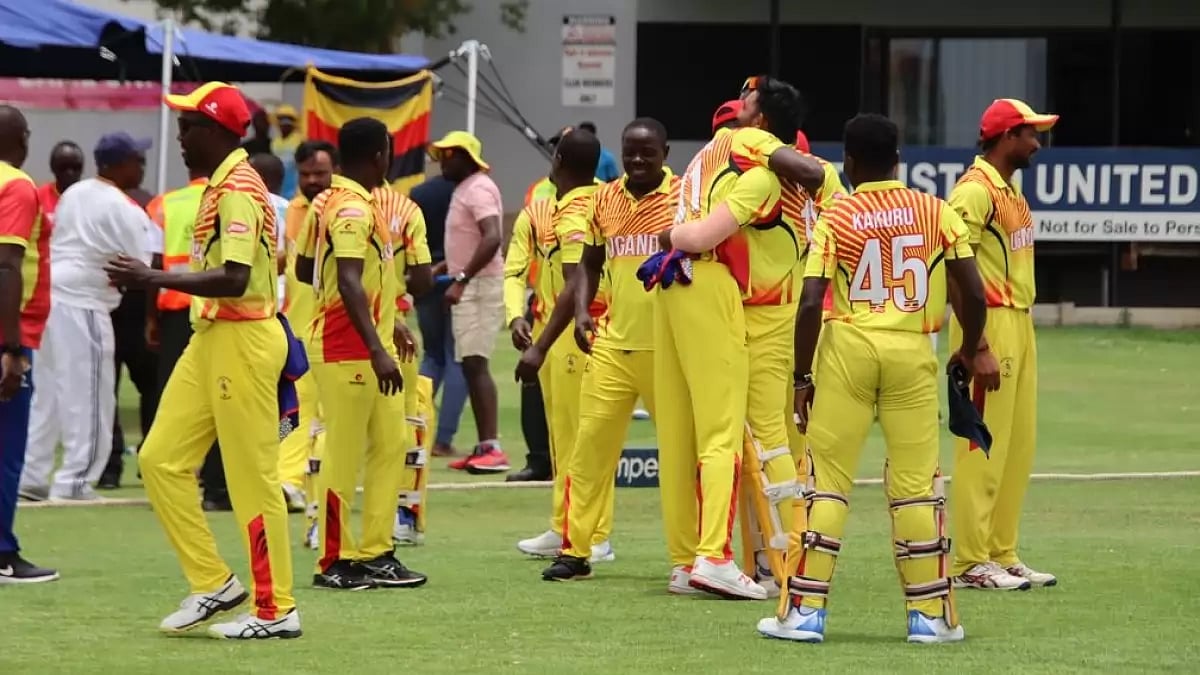 Uganda celebrate their win over Zimbabwe in the T20 World Cup qualifying match on Sunday.