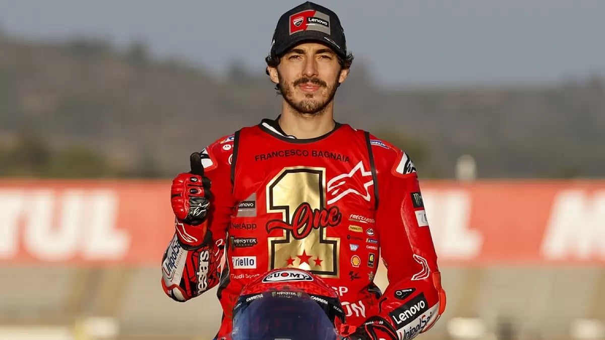 Italy's Francesco Bagnaia poses after winning the Moto GP World Championship Race