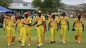 Uganda Cricket team celebrating after qualifying for the ICC Men's T20 World Cup 2024 on Thursday