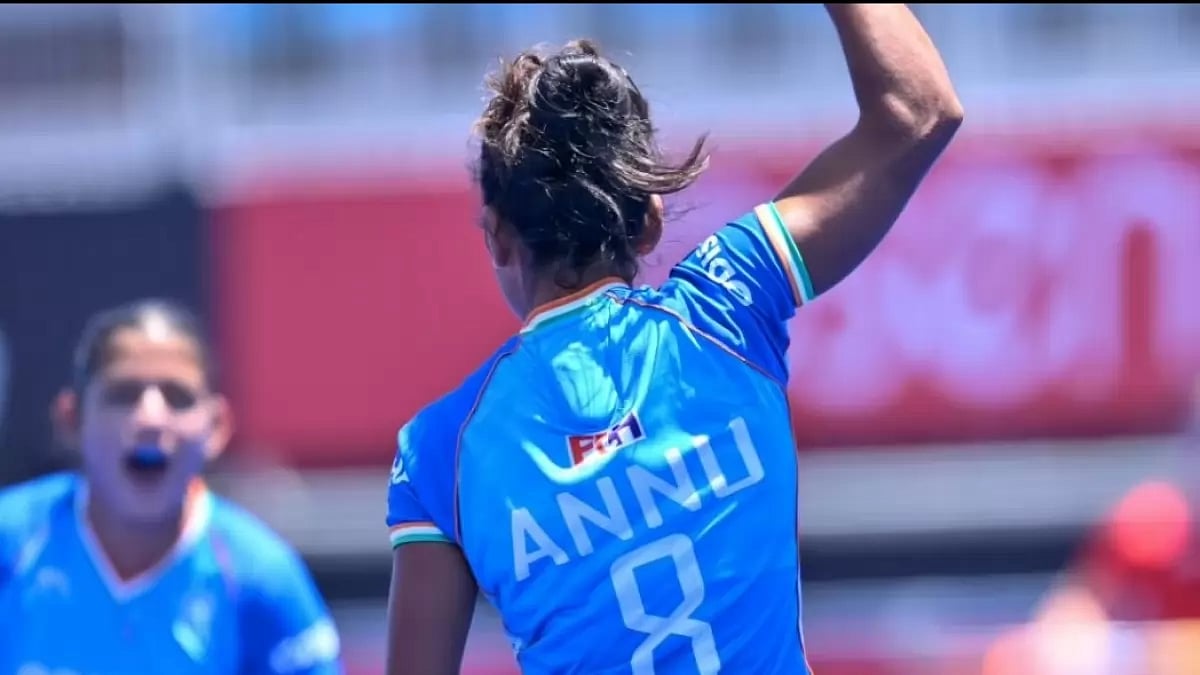 India junior women's hockey players celebrating after a goal against Canada in FIH Women's Junior Hockey World Cup 2023