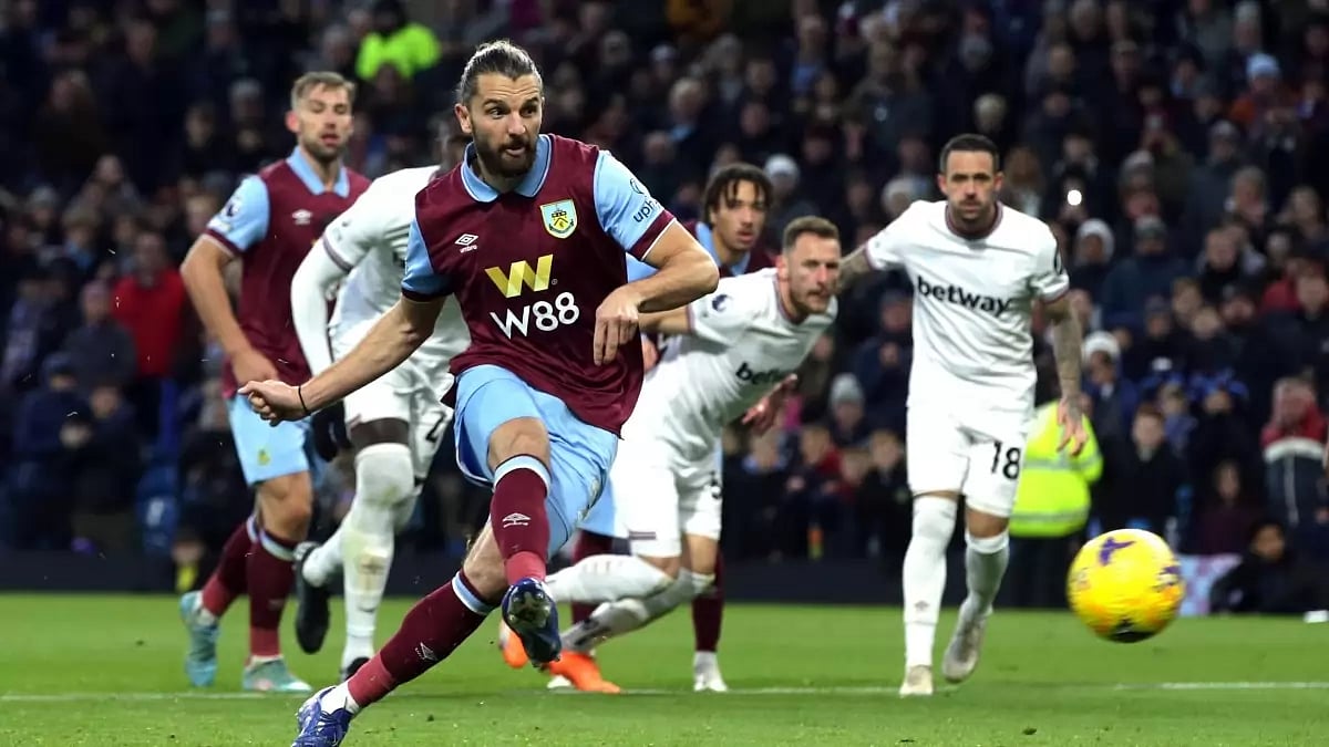 Burnley player in action against West Ham in Premier League 2023-24