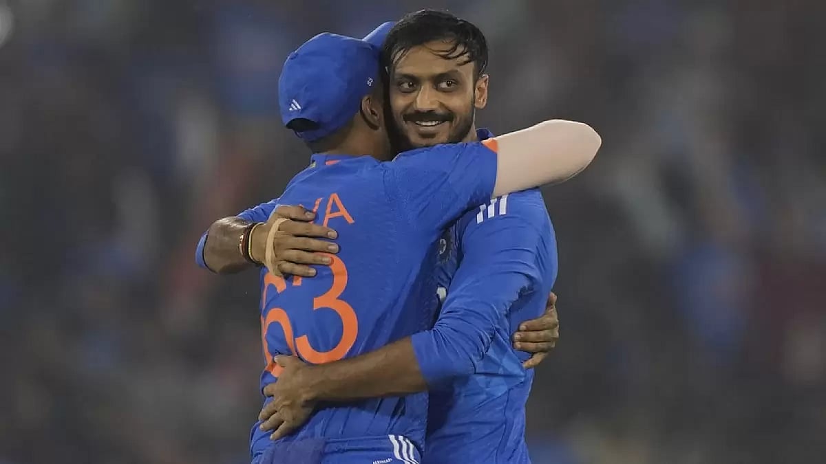 Axar Patel celebrates the wicket of Ben McDermott during the fourth T20I cricket match in Raipur