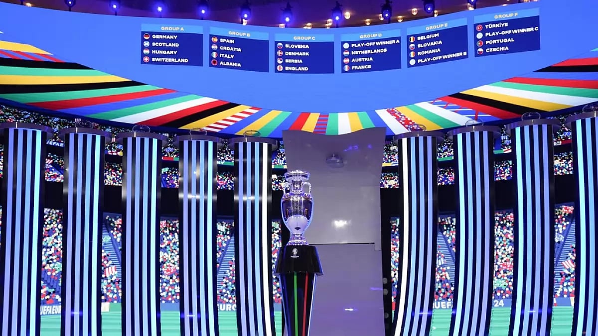 The UEFA European Championship 2024 trophy displayed during the final draw.