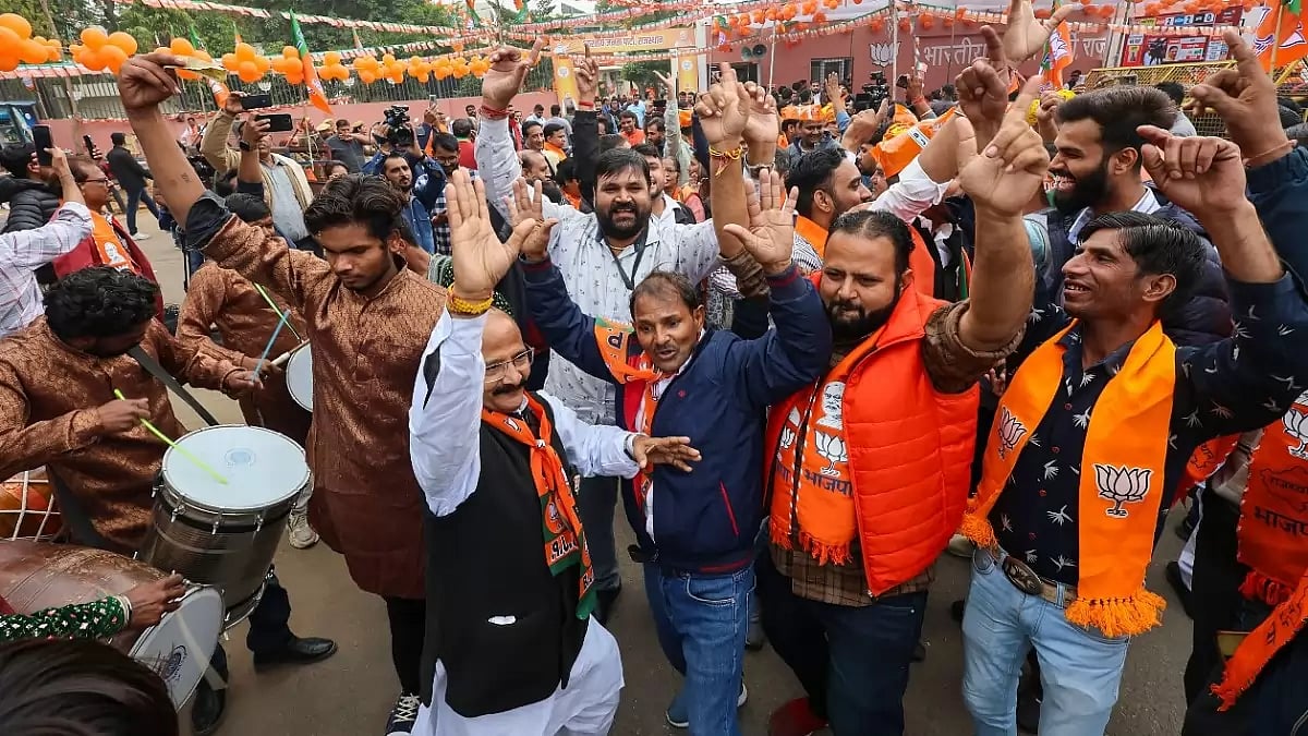 BJP workers and supporters outside the party headquarters during counting of votes for the Rajasthan