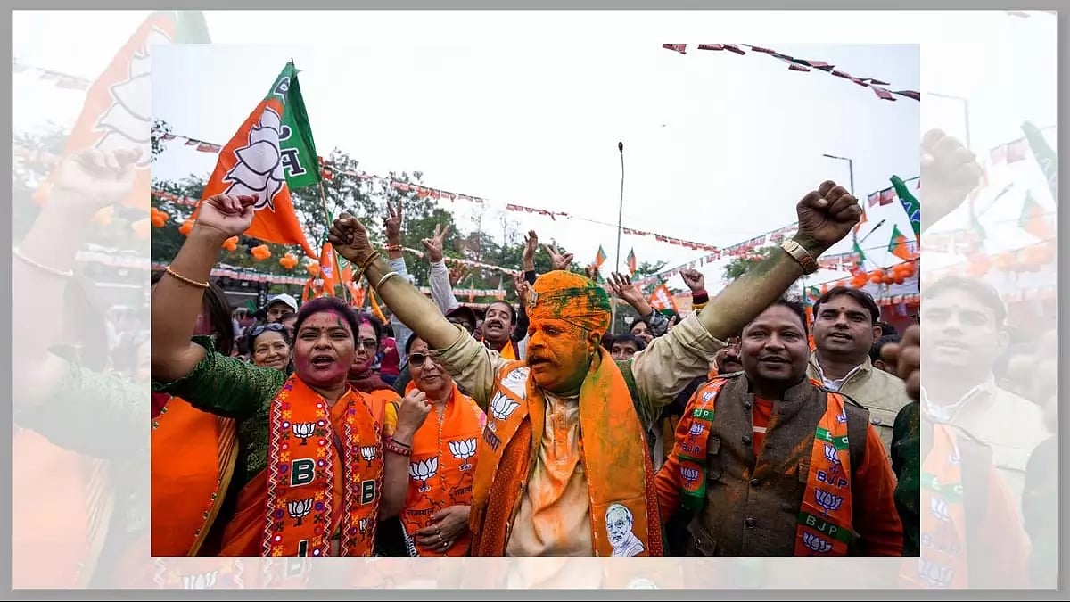 Supporters of BJP celebrate early leads for the party in Jaipur