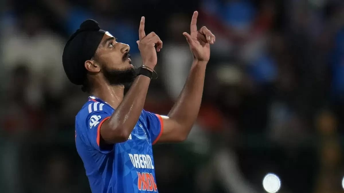 India's Arshdeep Singh celebrates his last delivery to win the fifth T20I match against Australia