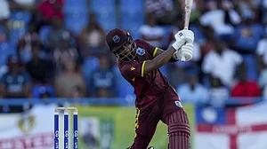 West Indies captain Shai Hope during a shot against England in the first ODI cricket match