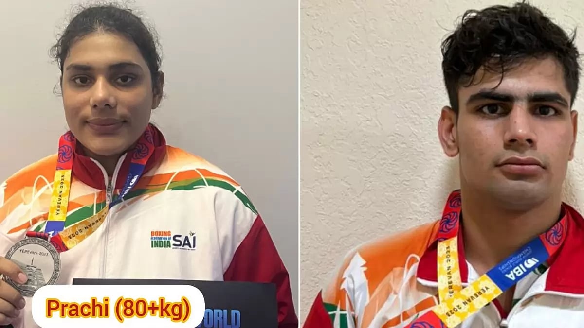Prachi Tokas (L) and Hardik Panwar (R) at Junior World Boxing Championships 2023