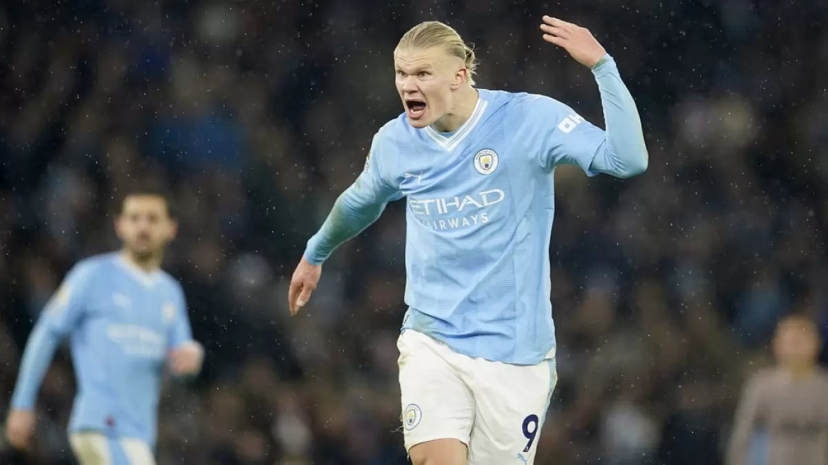 Erling Haaland reacts in the Premier League game between Manchester City and Tottenham Hotspur.