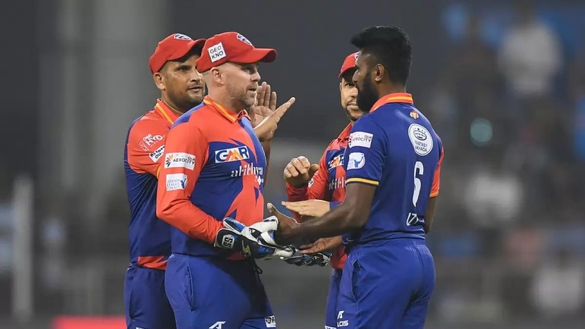 India Capitals players celebrating after taking a wicket in LLC 2023