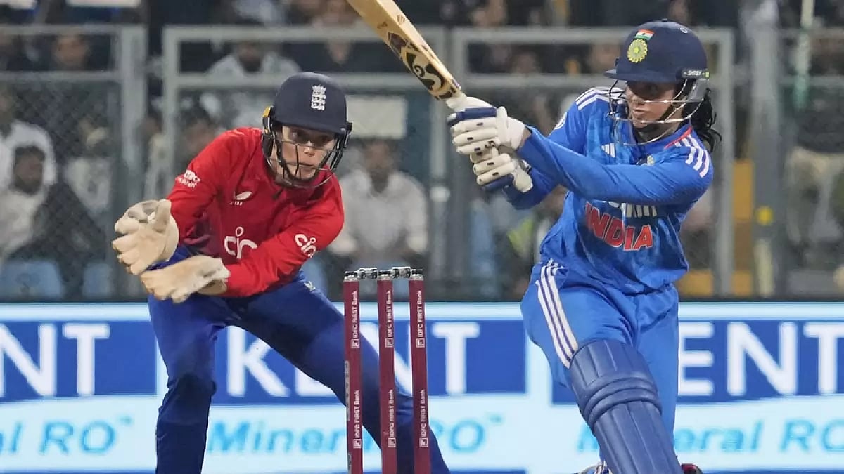 Indias Smriti Mandhana (R) during the third T20 womens cricket match against England