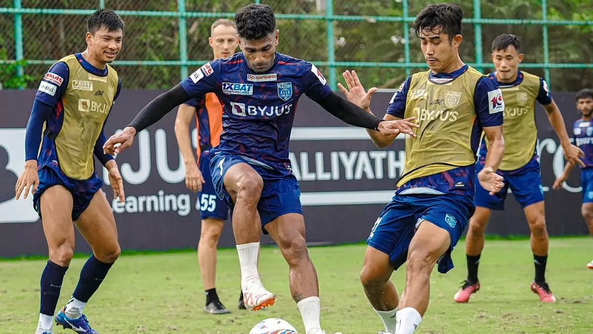 Kerala Blasters' players train ahead of their ISL clash against Punjab FC in Delhi.