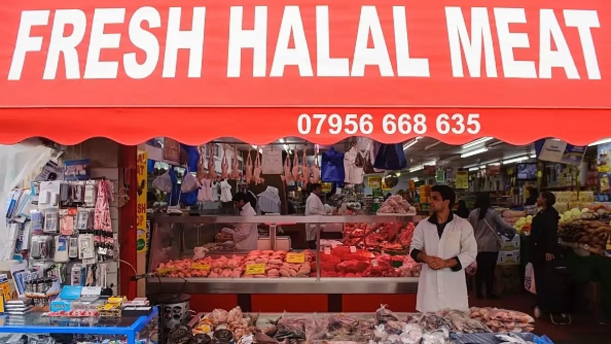 General view of a butcher selling halal meat in Brixton, south London