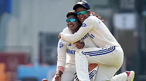 Indias Deepti Sharma (left) celebrates a wicket with Jemimah Rodrigues