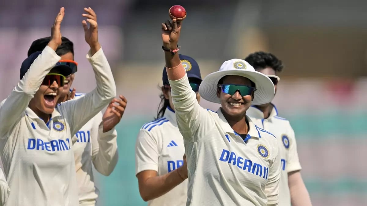 Indias Deepti Sharma celebrates her 5-wicket haul against England in the one-off Test in Mumbai.
