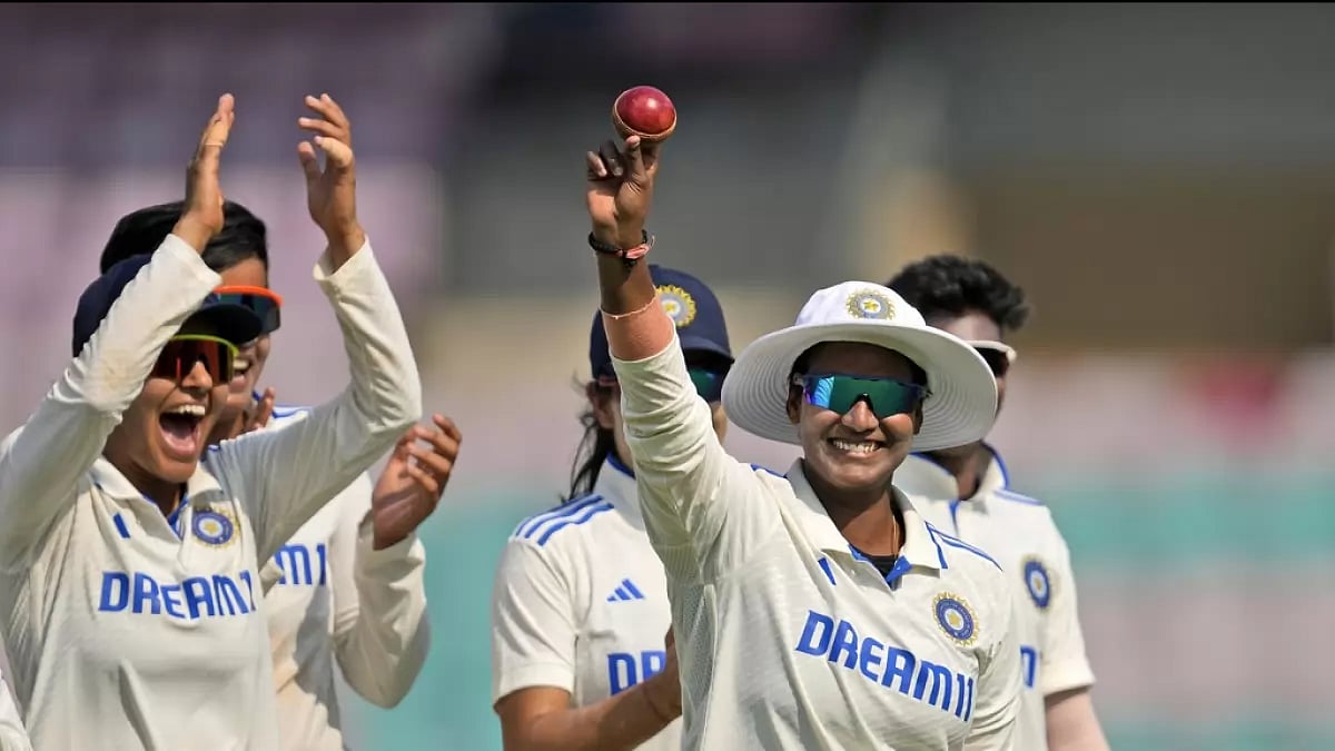 Deepti Sharma celebrates after taking 9 wickets in the game as India women win by 347 runs against England in Mumbai on Day 3 of only Test