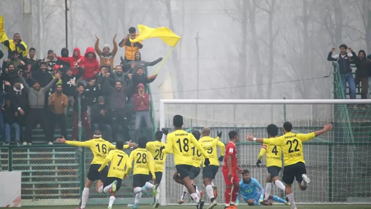 Real Kashmir FC players celebrate a goal